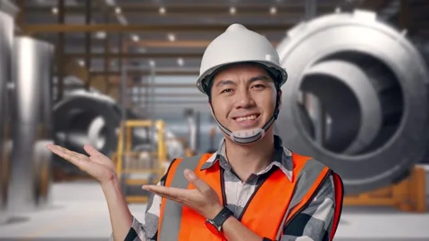 Engineer Smiling And Pointing To Side at Heavy Factory Stock Footage 340819298