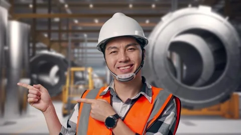 Engineer Smiling And Pointing To Side at Heavy Factory Stock Footage 340819358