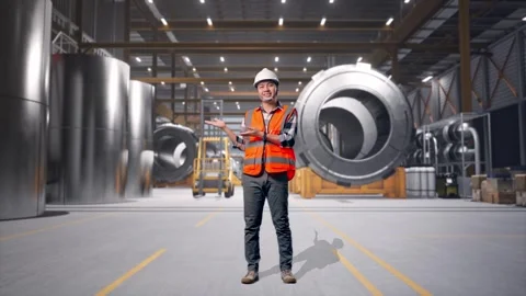 Engineer Smiling And Pointing To Side at Heavy Factory Stock Footage 340821149