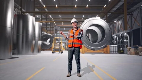 Engineer Smiling And Pointing To Side at Heavy Factory Stock Footage 340821189