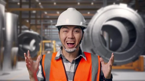 Engineer Smiling And Saying Wow at Heavy Factory Stock Footage 340818824