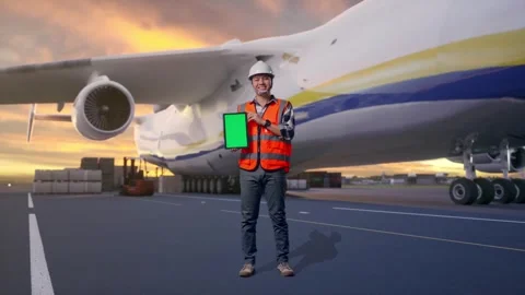 Engineer Smiling And Showing Green Screen Tablet with Cargo Aircraft Stock Footage 326095587