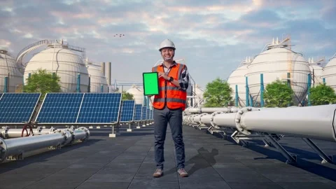 Engineer Smiling And Showing Green Screen Tablet at Energy Complex Stock Footage 330184293
