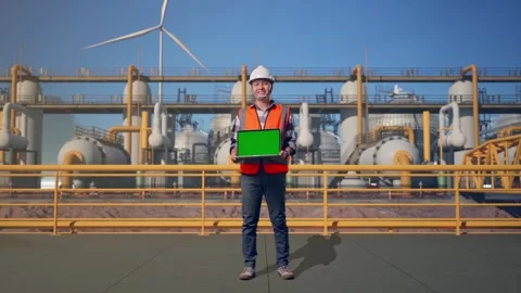 Engineer Smiling And Showing Green Screen Laptop at Energy Plant Stock Footage 331137600