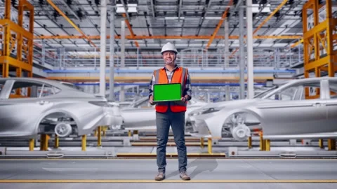 Engineer Smiling And Showing Green Screen Laptop In Car Factory Stock Footage 331580122