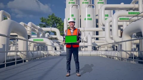 Engineer Smiling And Showing Green Screen Laptop at Biodiesel plant Stock Footage 332093392