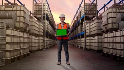 Engineer Smiling And Showing Green Screen Laptop at Fuel Warehouse Stock Footage 332155017