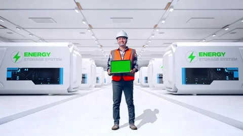 Engineer Smiling And Showing Green Screen Laptop at Power Plant Stock Footage 333773731