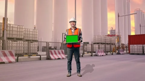 Engineer Smiling And Showing Green Screen Laptop at Storage Facility Stock Footage 335077807