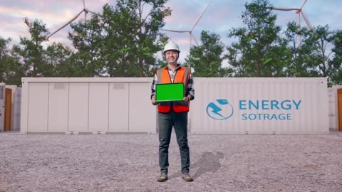 Engineer Smiling And Showing Green Screen Laptop with Energy Storage Stock Footage 337818266