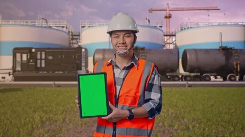 Engineer Smiling And Showing Green Screen Tablet at Oil Refinery Stock Footage 340140232