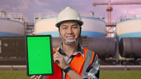 Engineer Smiling And Showing Green Screen Tablet at Oil Refinery Stock Footage 340140869