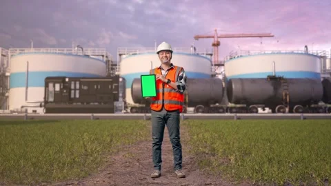 Engineer Smiling And Showing Green Screen Tablet at Oil Refinery Stock Footage 340142529