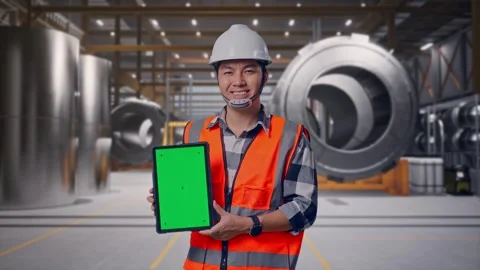 Engineer Smiling And Showing Green Screen Tablet at Heavy Factory Stock Footage 340817188