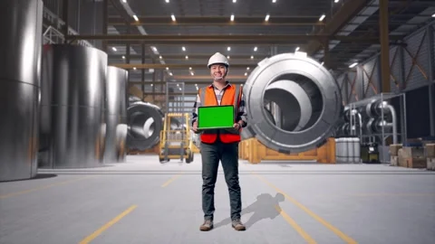 Engineer Smiling And Showing Green Screen Laptop at Heavy Factory Stock Footage 340821419