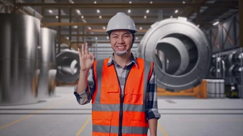 Engineer Smiling And Showing Okay Gesture To The Camera at Heavy Factory Stock Footage 340816104