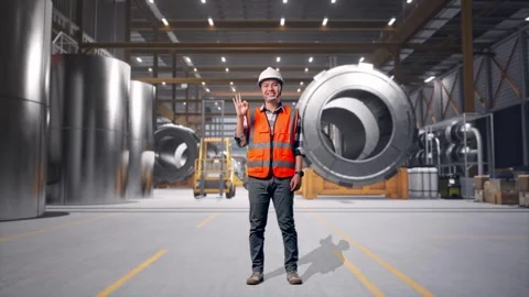 Engineer Smiling And Showing Okay Gesture at Heavy Factory Stock Footage 340821067