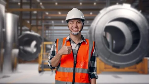 Engineer Smiling And Showing Thumbs Up To The Camera at Heavy Factory 库存影片 340819563
