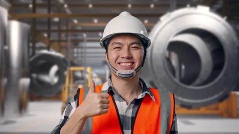 Engineer Smiling And Showing Thumbs Up Gesture at Heavy Factory Stock Footage 340820186