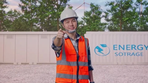 Engineer Smiling And Touching His Chest Then Pointing with Energy Storage Stock Footage 337816181