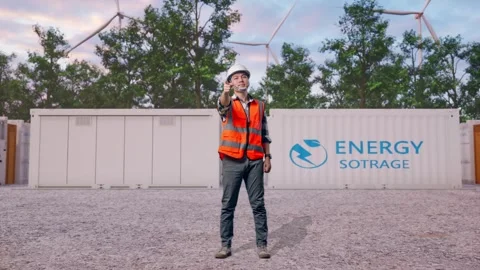 Engineer Smiling And Touching His Chest Then Pointing with Energy Storage Stock Footage 337818044