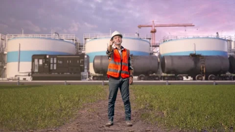 Engineer Smiling And Touching His Chest Then Pointing at Oil Refinery Stock Footage 340142296