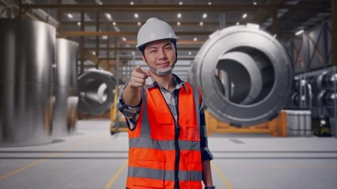 Engineer Smiling And Touching His Chest Then Pointing at Heavy Factory Stock Footage 340816272