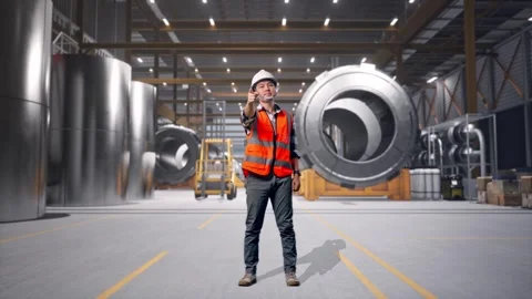 Engineer Smiling And Touching His Chest Then Pointing at Heavy Factory Stock Footage 340821107
