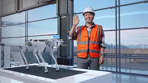 Engineer Smiling And Waving Hand Saying Good Bye in High Tech Factory Stock Footage 274360123