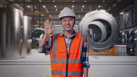 Engineer Smiling And Waving Hand Saying Bye at Heavy Factory Stock Footage 340816222