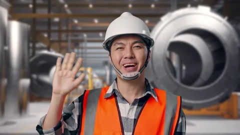 Engineer Smiling And Waving Hand Saying Bye at Heavy Factory Stock Footage 340818947