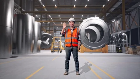 Engineer Smiling And Waving Hand Saying Bye at Heavy Factory Stock Footage 340821092