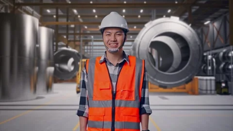 Engineer Smiling To Camera at Heavy Factory Stock Footage 340815936