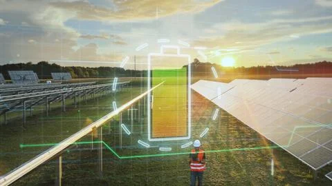 Engineer at solar panel power station checking the efficiency of the cells Foto stock