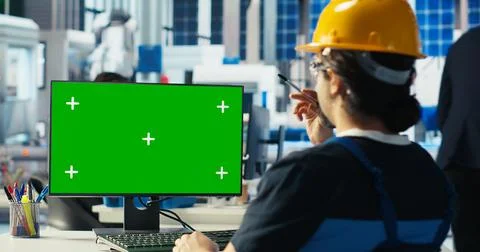 Engineer in solar panels plant uses CAD software on mockup PC to optimize layout Stock Photos