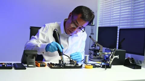 Engineer soldering circuit board in clean tech lab with gloves and tools. I.. Stock Footage 312773779