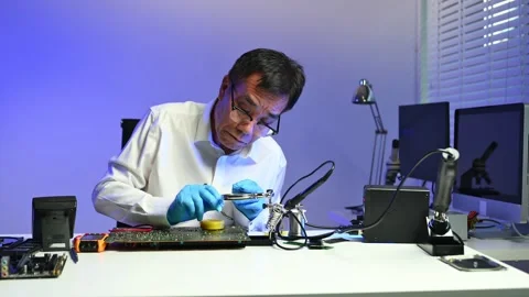 Engineer soldering circuit board in clean tech lab with gloves and tools. I.. Stock Footage 312773957