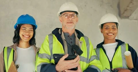 Engineer, solidarity and team with tablet in building, portrait or confiden.. Stock Photos
