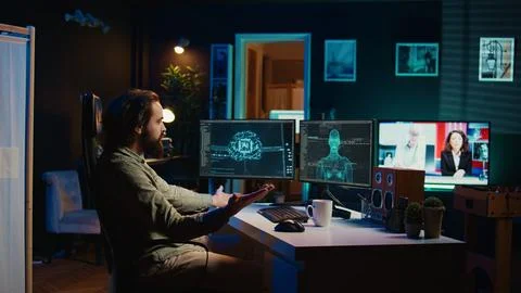 Engineer spamming keyboard keys after rogue sentient AI blocking access to PC Stock Photos