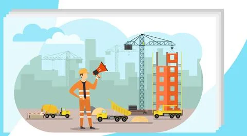 An engineer speaks in a megaphone at a construction site. An engineer イラスト素材