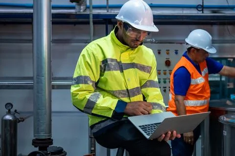Engineer specialist using laptop checking and maintaining machine in factory 写真素材