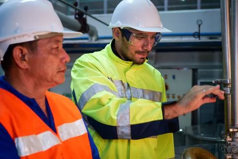 Engineer specialist using laptop checking and maintaining machine in factory Stock Photos