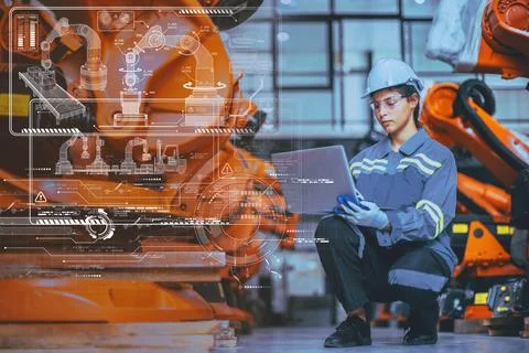 Engineer Staff Using Laptop Computer Technology Software Program Robot In R.. Photos