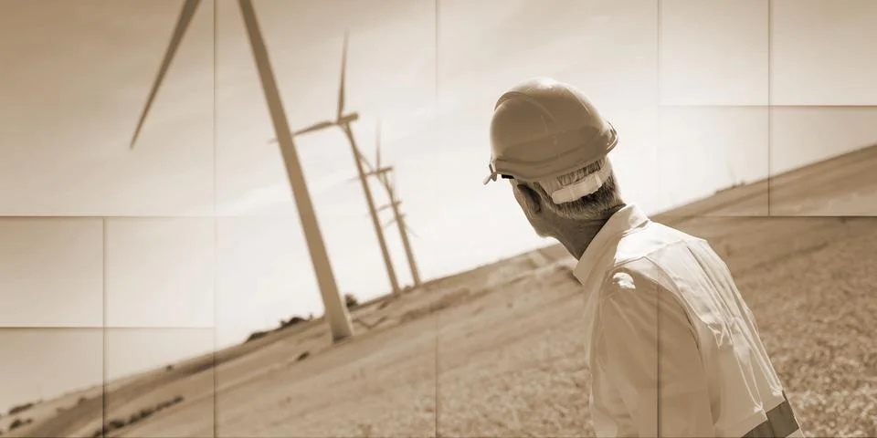 Engineer standing in a field and looking at wind turbines, geometric pattern Stock Photos