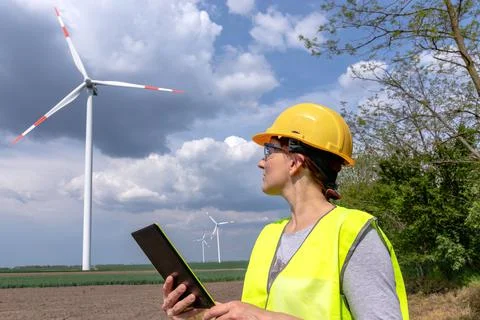 Engineer standing in a field with a wind farm in the background. Stock Photos