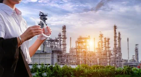 The engineer is standing on large industry background. Stock Photos