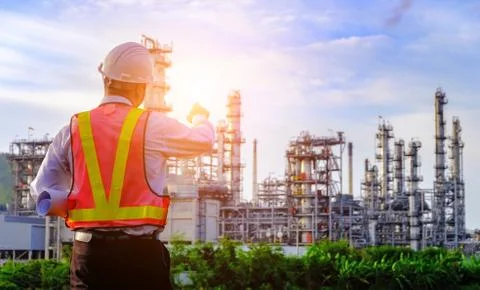 The engineer is standing on large industry background. Stock Photos