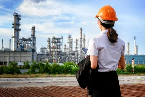 The engineer is standing on large industry background. Stock Photos