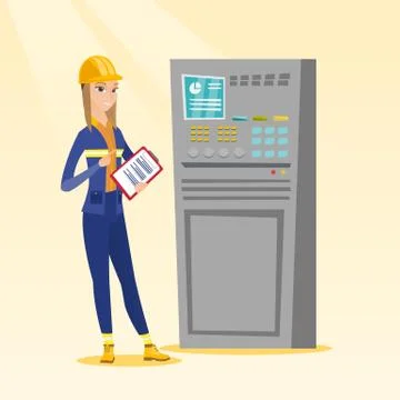 Engineer standing near control panel Stock Illustration