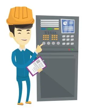 Engineer standing near control panel Stock Illustration